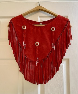 Vintage Steer Brand genuine red suede leather fringe cape with silver conchos *