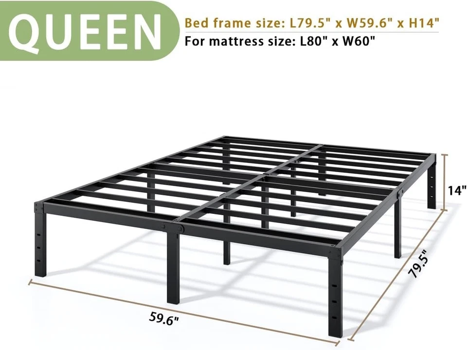 Металлический каркас кровати Queen 14 дюймов, высокопрочная платформа с местом для хранения, бесшумный - Изображение 3 из 4