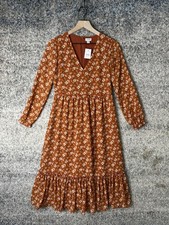 J Crew Dress Womens XXS Brown Floral Long Sleeve V Neck Midi Ruffle Hem Boho