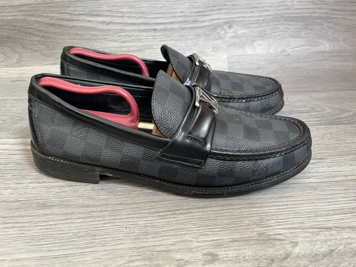 Louis vuitton major damier logo graphite grey leather loafers uk