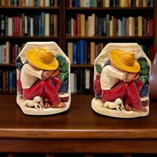 Vintage Mexican Sombrero Bookends Chalkware Man Dog Siesta Figurine 6" H 1930s