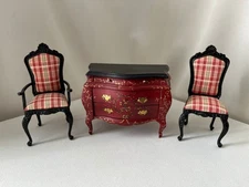 Dollhouse Miniature "Bespaq" Artisan Custom Painted Bombe Chest & (2) Chairs