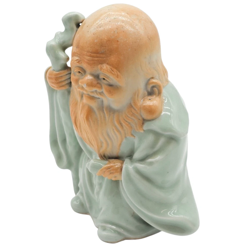 Антикварная фигурка бога мудрости Кутани Фукурокудзю глазурь Селадон Япония 7,5 дюйма - Изображение 2 из 4