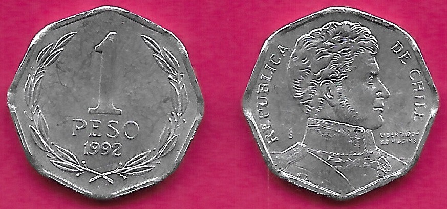 Busto blindado CHILE 1 PESO 1992 SIN CIRCULAR DE GEN.BERNARDO O'HIGGINS BUSTO DERECHO, DENOMINACIÓN