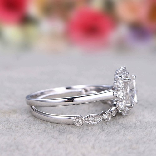Halo Engagement Ring Set 2.85Ct Round Cut Moissanite White Gold Finish in Size 7 - Picture 3 of 5