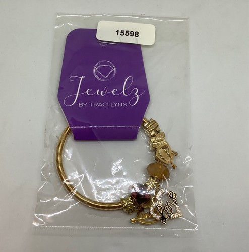 JEWELZ BY TRACI LYNN LOVE HEART CHARM BRACELET GOLDTONE W/STONES FASHION JEWELRY - Picture 3 of 19
