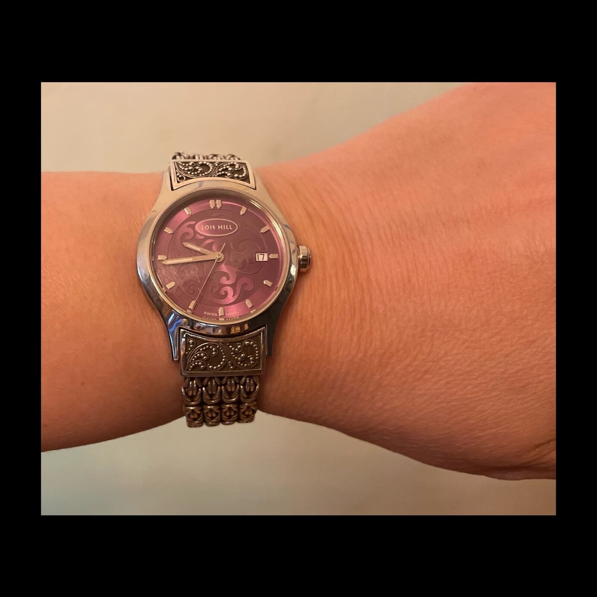 Lois Hill Stainless Steel Fleur De Lis Womans Swiss Made Watch LH Scroll Engraved Rectangular Bezel Watch with Handwoven  main image 3