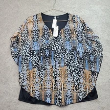 NY Collection Blouse Top Women's 1X Multicolor Animal Print Whimsy Boho Flowy