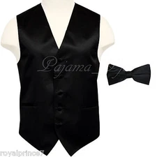 10-B BLACK Solid Tuxedo Suit Vest Waistcoat and Straight Cut Bowtie Prom Wedding