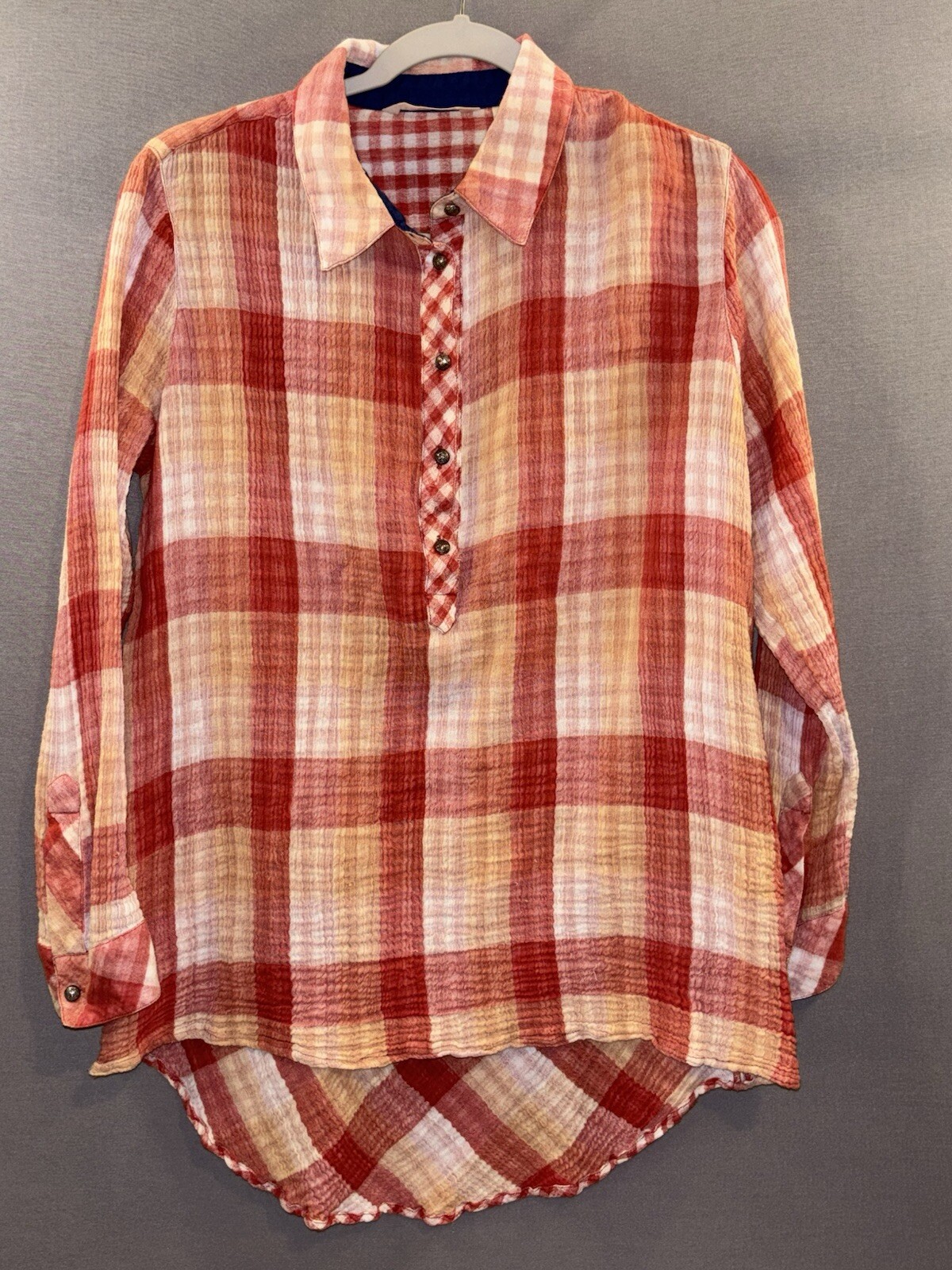 Soft Surroundings Long Sleeve Plaid Muslin Blouse in Red Yellow Size L