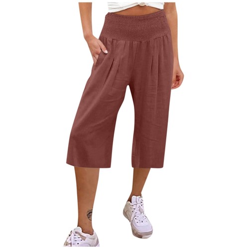 Women's Solid Color Casual Elastic High Waist Solid Color Cropped Capri Pants - Picture 56 of 64