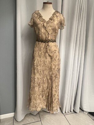 CHARTER CLUB Beige Brown Ruffled 100% Silk Shear Sleeve Lined Dress Size 8  women | eBay