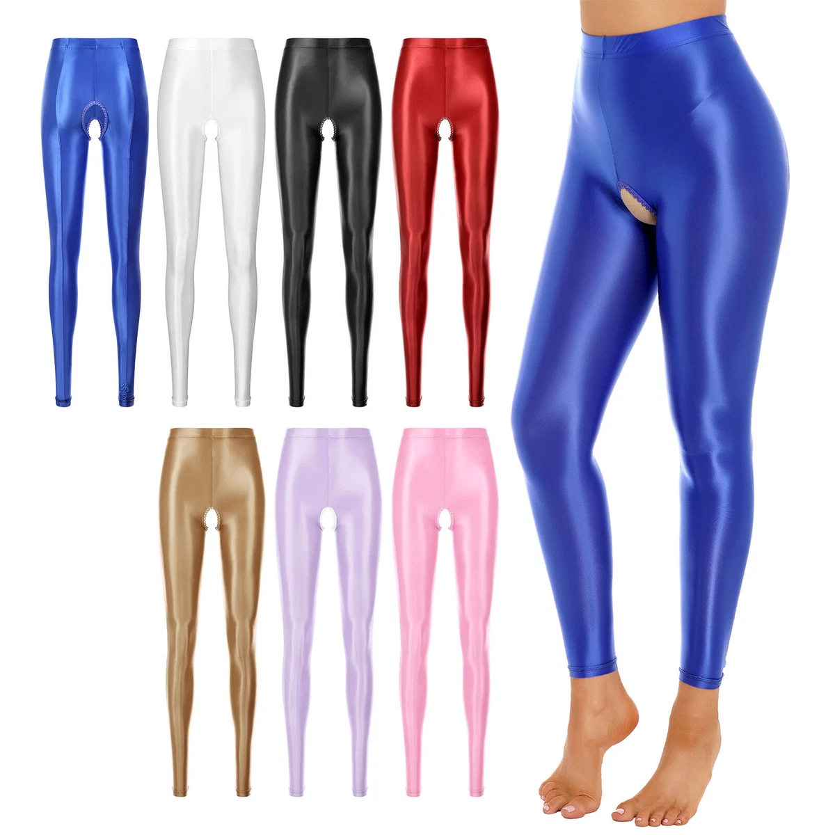 Women's Shiny Oil Glossy Open Crotch Tights Stretchy Yoga Workout Pants  Clubwear