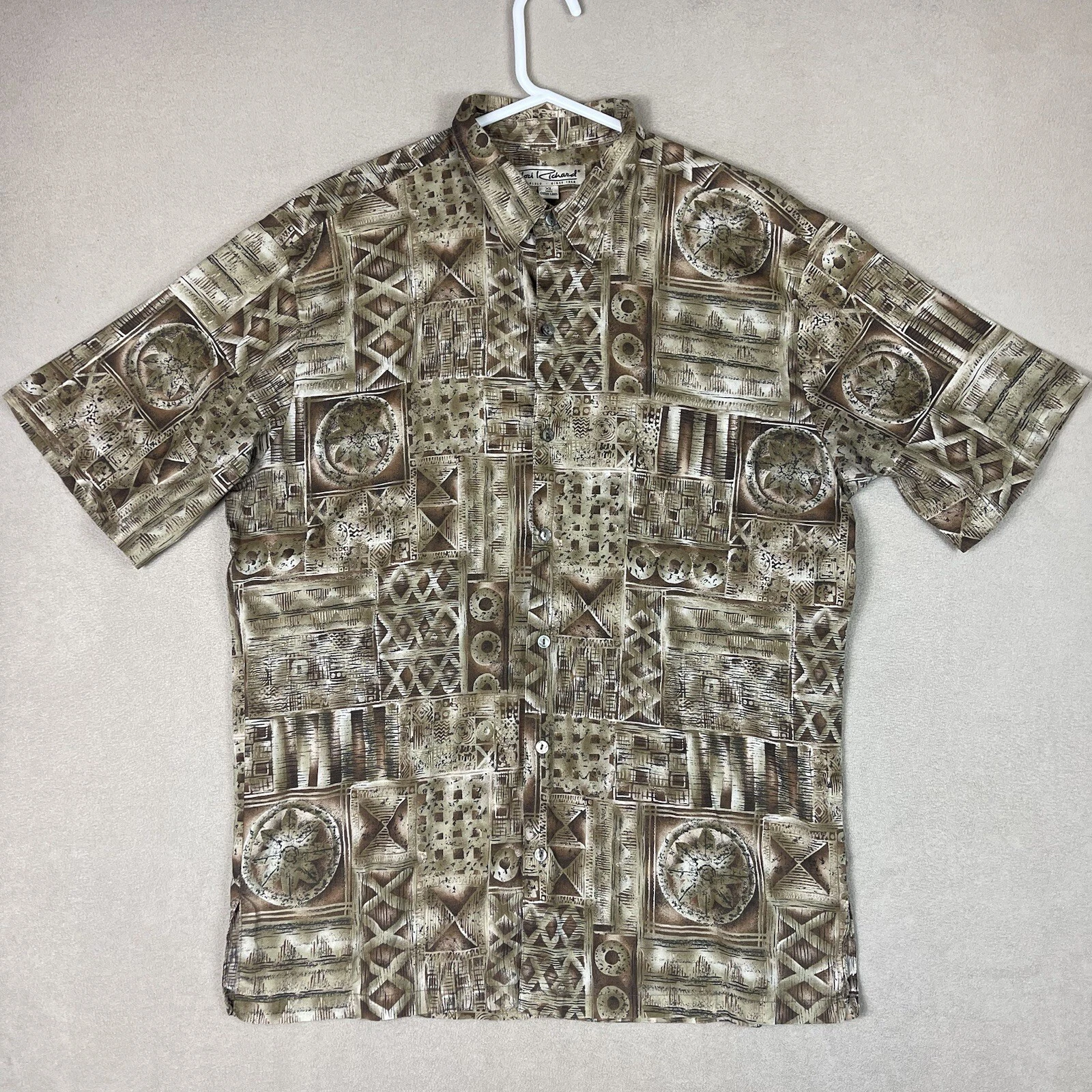 Tori Richard Shirt Mens Extra Large Brown Hawaiian Button Up Beach Adult