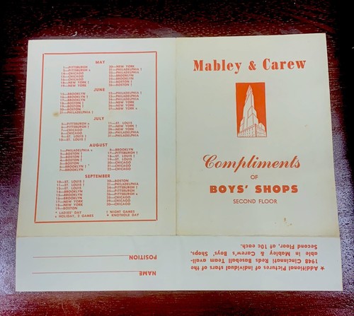 1948 Cincinnati Reds Baseball Schedule And Roster Mabley & Carew - Picture 2 of 5