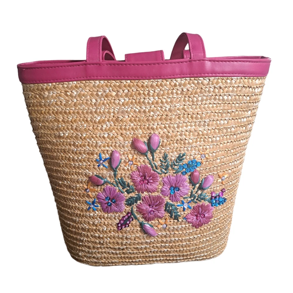 Bolso de Hombro de Paja Cartera Borde Magenta Paja Bordado Diseño Floral Foto 2 de 4