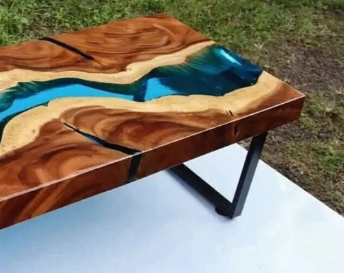 Clear Blue Epoxy River Dining Table Handmade Natural Acacia Wooden Handmade Arts - Picture 4 of 9