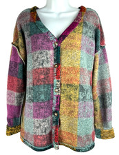 Multicolor Patchwork Check Cardigan M Long Drop Shoulders Long Sleeves V Neck
