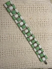 Vintage Weiss Green and White Milk Glass Bracelet 7.5 Set In Silver Toned Metal