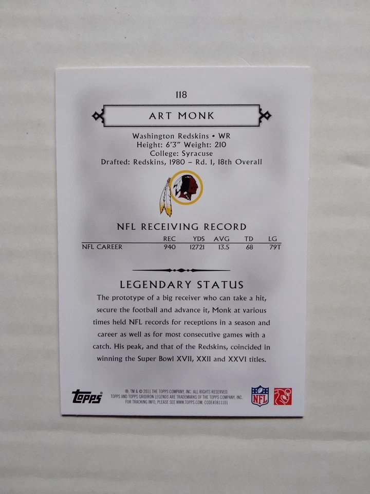 2011 Topps Legends Art Monk #002/299 Bronze - Image 2 of 2