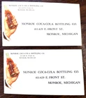 2 VINTAGE 1950s MONROE COCA-COLA BOTTLING CO. ENVELOPES MICHIGAN COKE BOTTLE