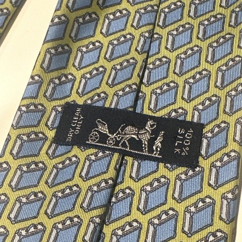 Hermes silk tie 5353 TA green blue suit case 100% silk designer - Picture 5 of 7