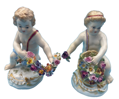 Beautiful Antique Meissen Cross Swords Figurines Two Cherubs