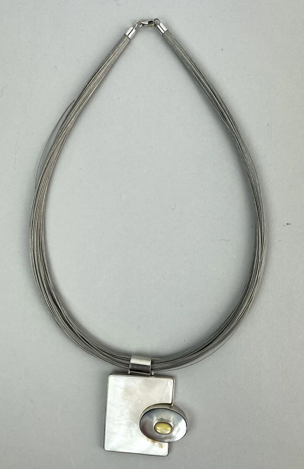 MODERNIST Sterling Silver MOP pendant necklace with stainless steel wires 17.5" - Image 3 of 4