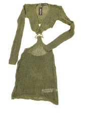 Khaki Crochet Gold Trim Cut Out Beach Dress US 2