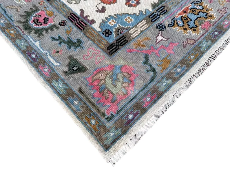 NEW Oushak Area Rug  Ivory Blue Hand-Knotted Wool Transitional Floral Carp - Image 4 of 4