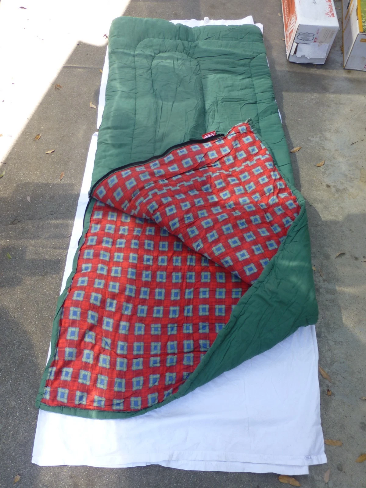 Vintage 70s Coleman Sleeping Bag Green Red Plaid Flannel Camping Outdoors Hiking