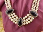 Vintage Faux Pearl Costume Jewelry Set Black Onyx Style Cabochon Rhinestone — photo 3
