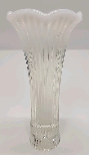 Vintage FENTON Stretched Fluted Ribbed 6.5" Bud Vase Clear W/ White Ruffle