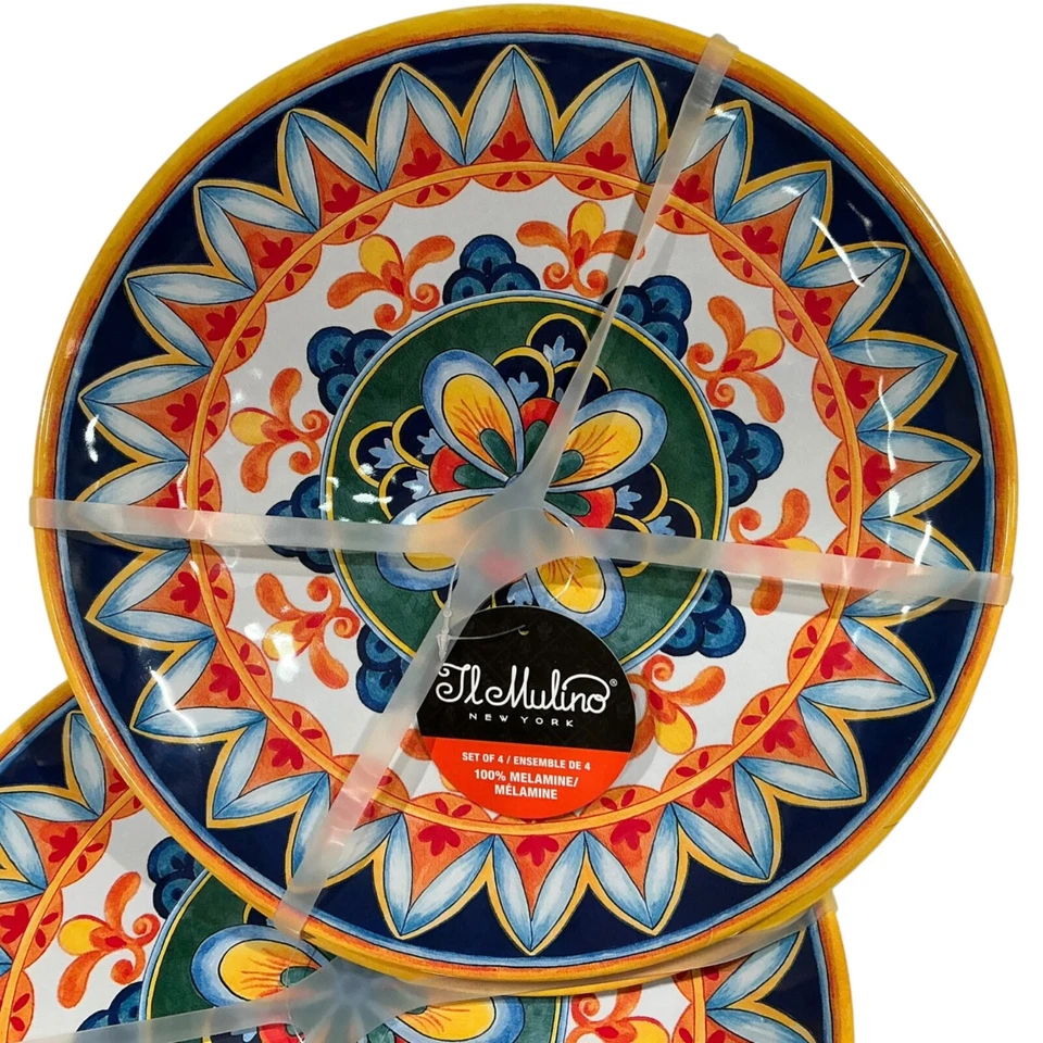 Nuevo 2 Juegos de 4 Platos de Cena IL Mulino Azulejo Español MELAMINA Etiqueta Solar Foto 2 de 4