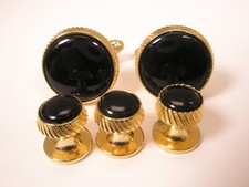 Round Black  Gold Tone Formal Vintage Cuff Links  Tux Prom Shirt Studs p70