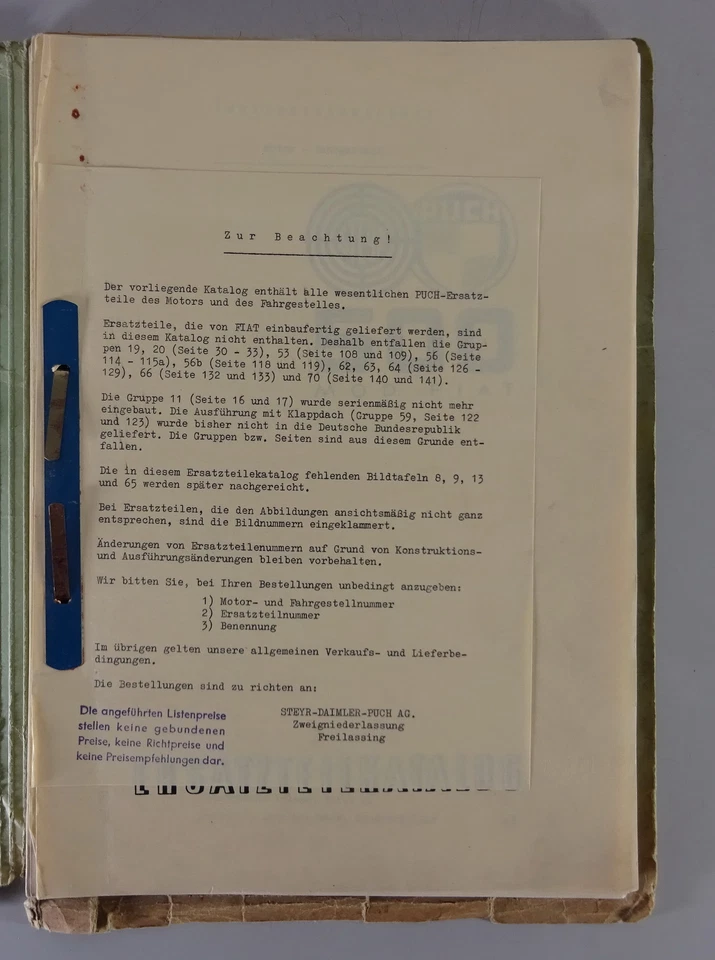 Catalogo Parti / Elenco Ricambi Steyr Puch Fiat 500 Anno 1959 - Immagine 2 di 4