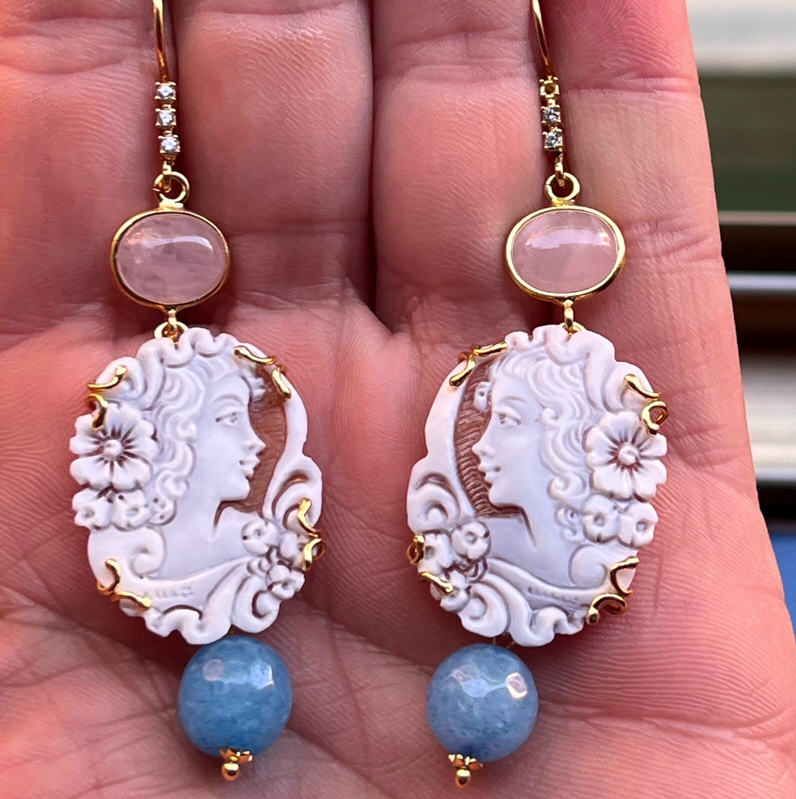 Silver 925 Yellow Gold Carved mermaid Cameo Shell Earrings blue quartz