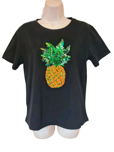 Woman's Pineapple embellished sequin Mizumi T Shirt Top Size L UK 12 New - Picture 1 of 13