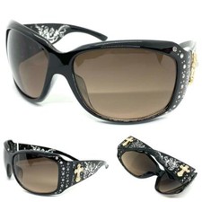 CLASSY Elegant WESTERN Rustic COWGIRL Style SUN GLASSES Black Frame Gold Cross