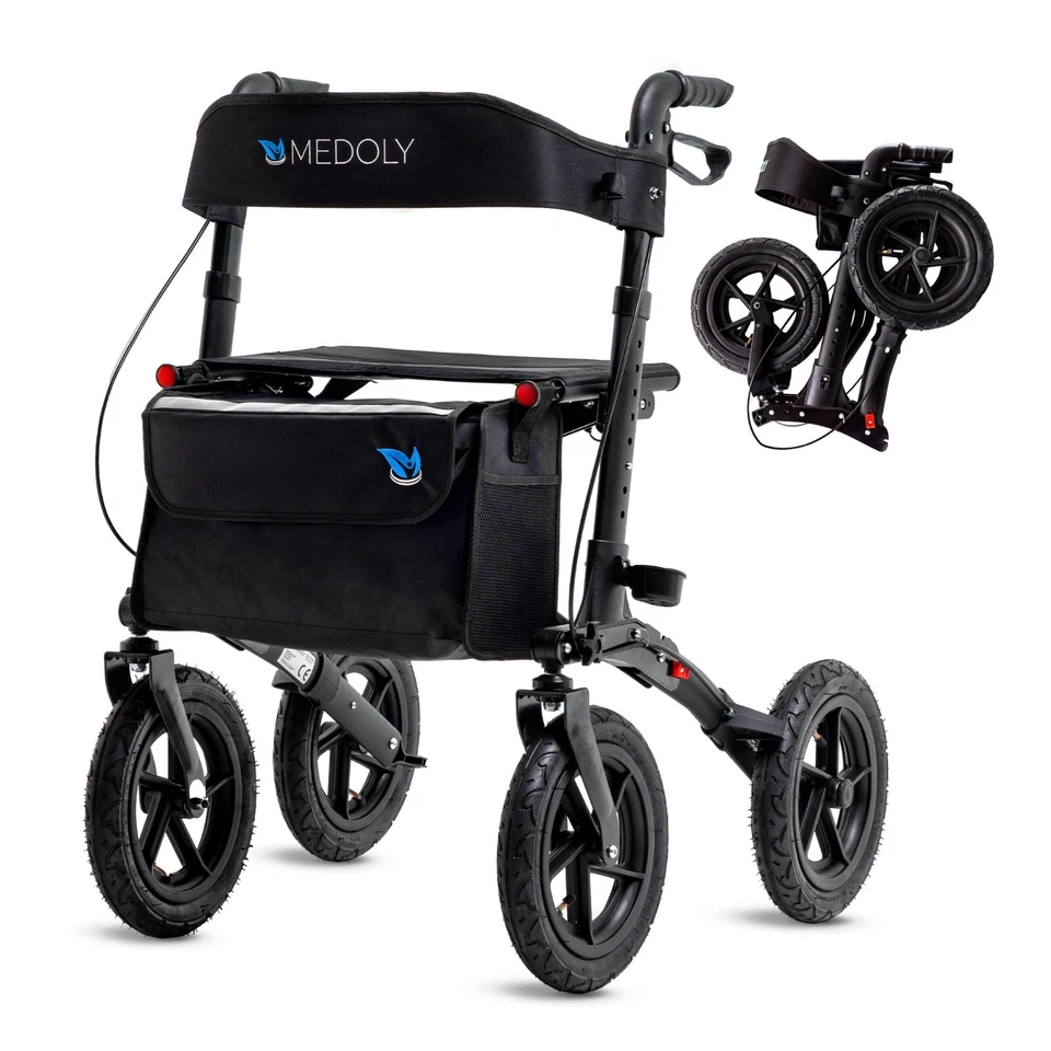 MEDOLY Rollator Outdoor - mit Luftbereifung - faltbar, leicht, mit Tasche - Gelände