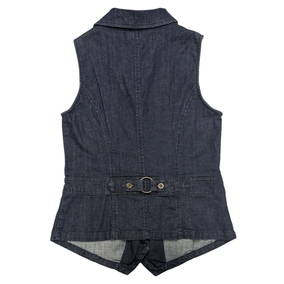 Chaleco de mezclilla vintage Y2K para mujer azul medio jean hebilla trasera bolsillos ajustados años 2000 Foto 2 de 4