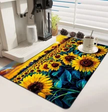 Dish Drying Mat Sunflowers Countertop Mat Microfiber 16"x20" Field of Flowers