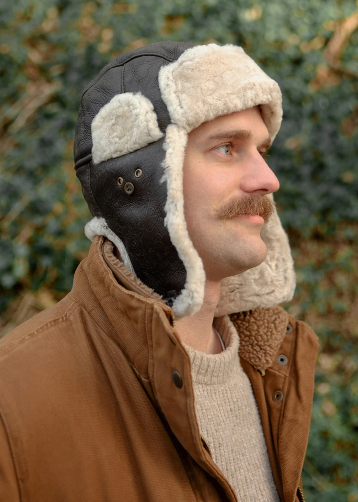 Luxury Leather Sheepskin Trapper Deer Stalker Aviator Hat Ear Flaps Dark Brown
