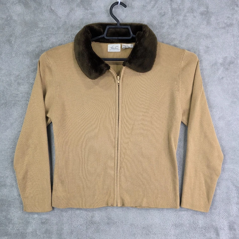 Suéter cárdigan tostado Kathie Lee para mujer cremallera completa cuello de piel sintética talla L (12/14) Foto 2 de 4