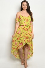 Womens Plus Size Cold Shoulder Maxi Dress 1X Lime Yellow High Low