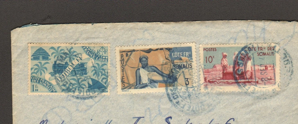 RARO SOMALÍ DJIBOUTI - COTE FRANCAISE DES SOMALIS 1949 SELLO CARTA 1F, 3F, 10F Foto 2 de 3