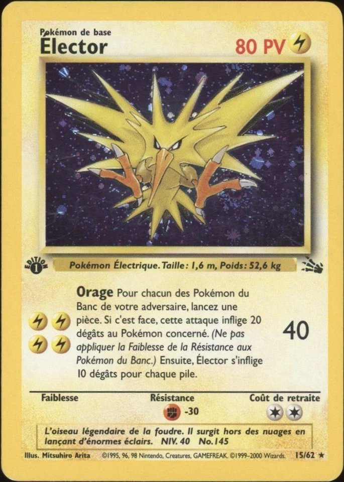 2000 Pokemon FRENCH 1st Edition Fossil Électhor-Zapdos Holo 15/62 EX