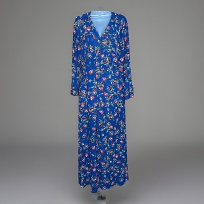 Express Maxi Dress M Blue Button Floral Boho Cottage Modest Roll Tab Sleeve  | eBay