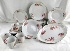 ARPO Romania Porcelain Dinner Serving Set - Pink Flowers Gold Trim Embossed Rim