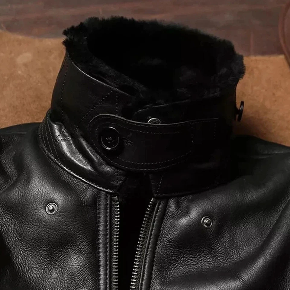 Men’s Bomber Jacket Genuine Leather Genuine Fur Retro Warm Black Coat Style - Image 4 of 4